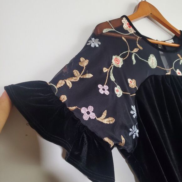 Pleione Top Large Black Velvet Sheer Floral Embroidered Fairy Whimsygoth Gothic - Picture 4 of 13